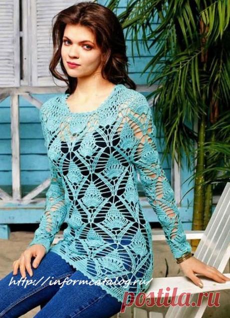 Голубой Ажурный Пуловер крючком | Ниточка