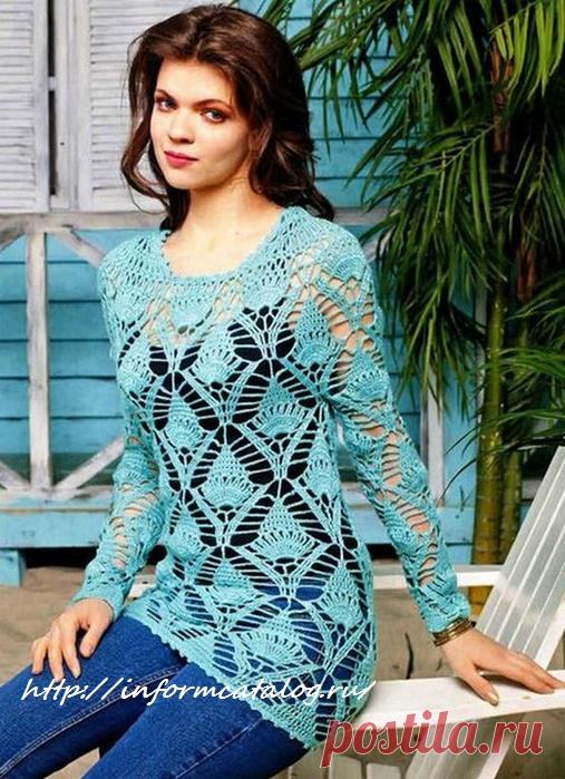 Голубой Ажурный Пуловер крючком | Ниточка