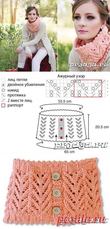 Интересный снуд спицами с декоративными пуговицами