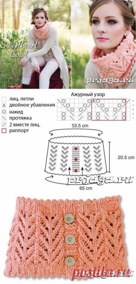 Интересный снуд спицами с декоративными пуговицами