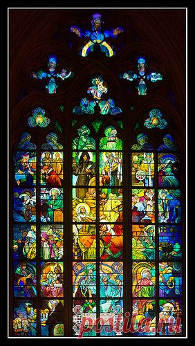 This beautiful stain glass window is located in Prague at the St. Vitus Cathedral. Designed by Alfons Mucha in the 1930′s, he was a famous famous Czech Art Nouveau painter and decorative artist.  из envyworthywindows.wordpress.com  |  Pinterest: инструмент для поиска и хранения интересных идей