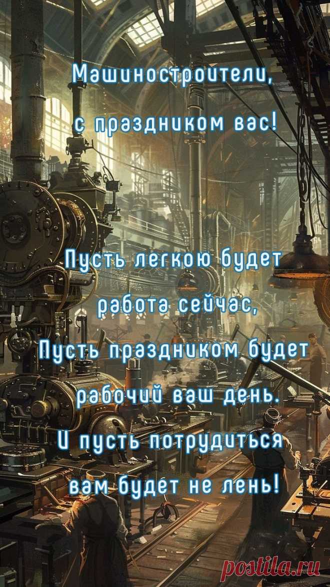 С Днем машиностроителя!
Пусть ваши руки золотые
Устали не знают,
Из года в год и день за днем
Машины собирают.