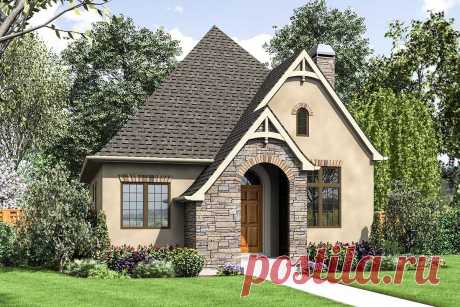 Plan 69671AM: Tiny Cottage House Plan with Guest Bed This one-bed European cottage house plan has a covered entry porch in front and an 8'-deep porch in back.The front door leads you to the large great room with fireplace on the side wall. French doors in back take you to the back porch.The U-shaped kitchen has views overlooking the porch and a wall pantry unit.Right outside the bedroom you'll find your stacked washer and dryer.A built-in guest bed is located in a nook in ...