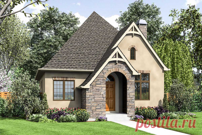 Plan 69671AM: Tiny Cottage House Plan with Guest Bed This one-bed European cottage house plan has a covered entry porch in front and an 8'-deep porch in back.The front door leads you to the large great room with fireplace on the side wall. French doors in back take you to the back porch.The U-shaped kitchen has views overlooking the porch and a wall pantry unit.Right outside the bedroom you'll find your stacked washer and dryer.A built-in guest bed is located in a nook in ...