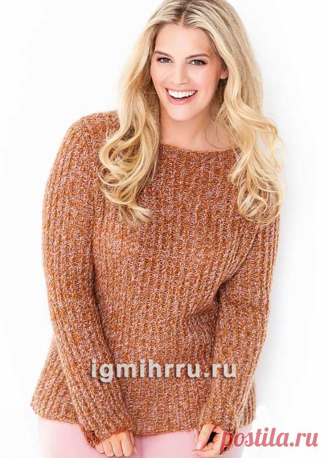 Для пышных дам. Теплый пуловер с мелкими косами. Вязание спицами