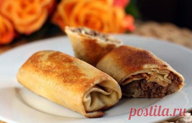 Блинчики с мясом Многими любимые блинчики  с мясом - чудесное блюдо русской кухни, что неудивительно. Готовятся блинчики достаточно быстро и просто, а получаются невер