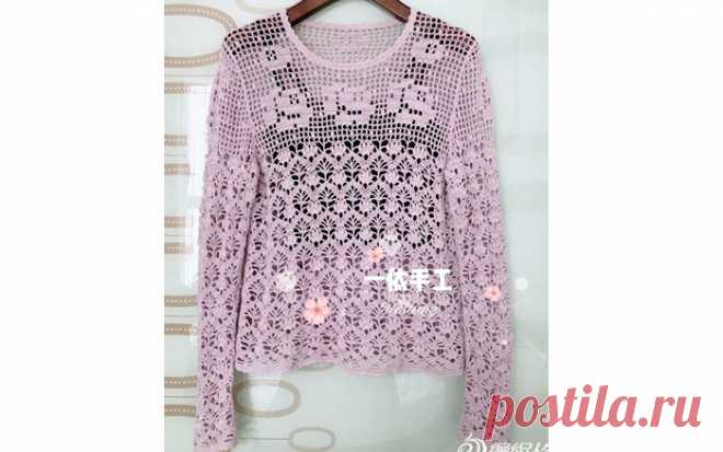 Пуловер в двух техниках Пуловер выполнен крючком в двух техниках: филейное и ажурное вязание. Схема-выкройка