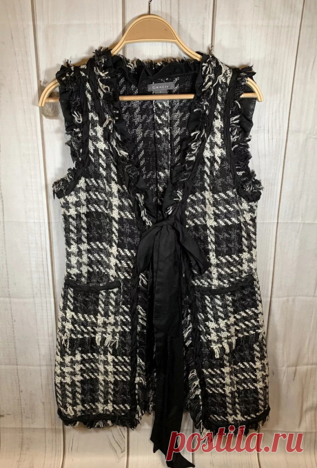 Garcia women’s black And White plaid long vest front tie closure Sz L Run Small | eBay