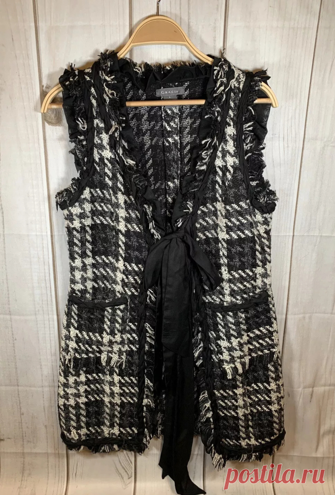 Garcia women’s black And White plaid long vest front tie closure Sz L Run Small | eBay
