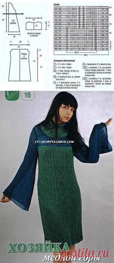 Зеленое платье связанное спицами / Стильное вязание