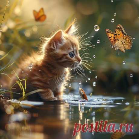 Котенок и бабочки.(нейросеть)