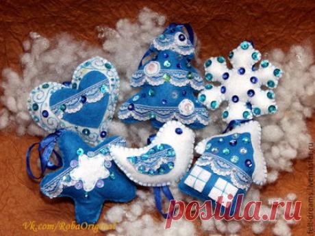 Купить Новогодние елочные игрушки из фетра - белый, белый цвет, синий, синий цвет