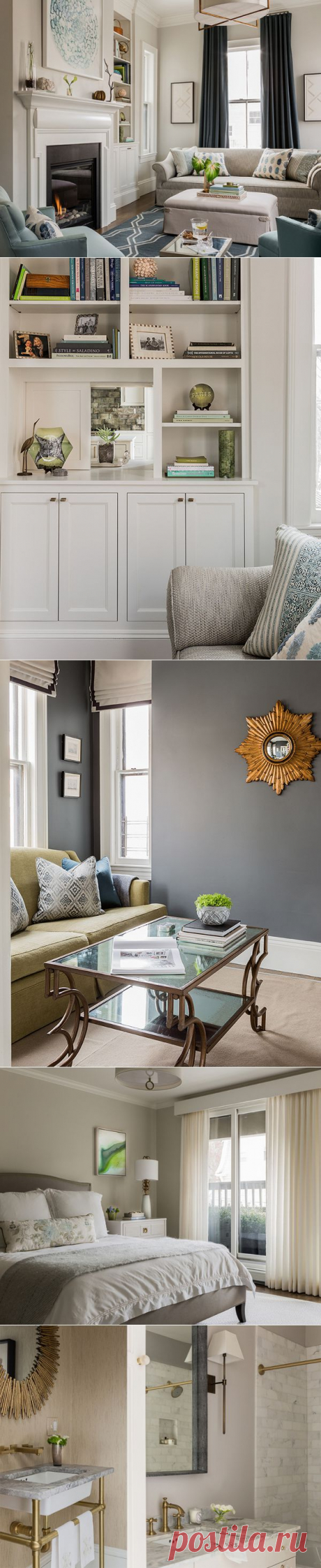 Красивая квартира в сдержанной цветовой гамме - Роскошь и уют
Секрет спокойствия и уюта этой квартиры — в ее цветовой гамме. Белый цвет потолка и отделки, серые и бежевые тона мебели и стен, светлый пол и сдержанная серо-голубая палитра текстиля — вот идеальная формула  интерьера. Такой вариант можно повторить почти в любой квартире.
Текстиль и аксессуары одной цветовой гаммы в разных комнатах помогают создать по-настоящему стильный интерьер.