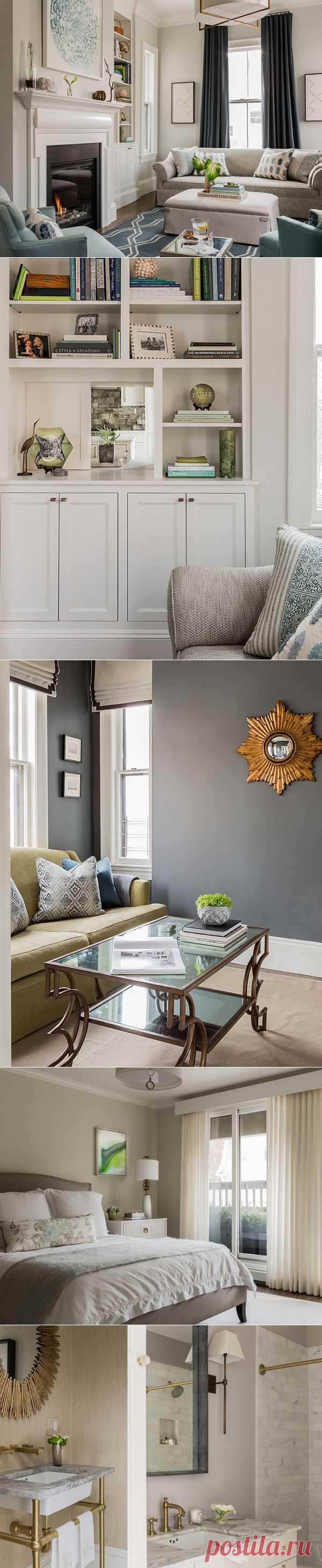 Красивая квартира в сдержанной цветовой гамме - Роскошь и уют
Секрет спокойствия и уюта этой квартиры — в ее цветовой гамме. Белый цвет потолка и отделки, серые и бежевые тона мебели и стен, светлый пол и сдержанная серо-голубая палитра текстиля — вот идеальная формула  интерьера. Такой вариант можно повторить почти в любой квартире.
Текстиль и аксессуары одной цветовой гаммы в разных комнатах помогают создать по-настоящему стильный интерьер.