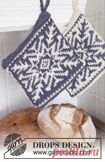 Stay Cool / DROPS Extra 0-1201 - Free knitting patterns by DROPS Design DROPS Christmas: Knitted DROPS pot holders with snow crystal in Nordic pattern in ”Paris”.