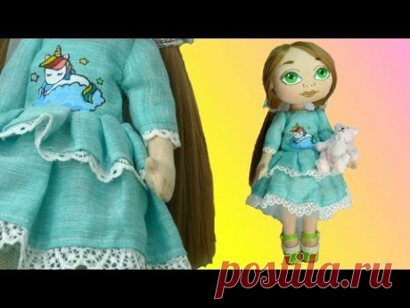 Полина - текстильная кукла в мятном платье с единорогом