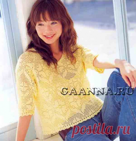Желтая филейная кофточка