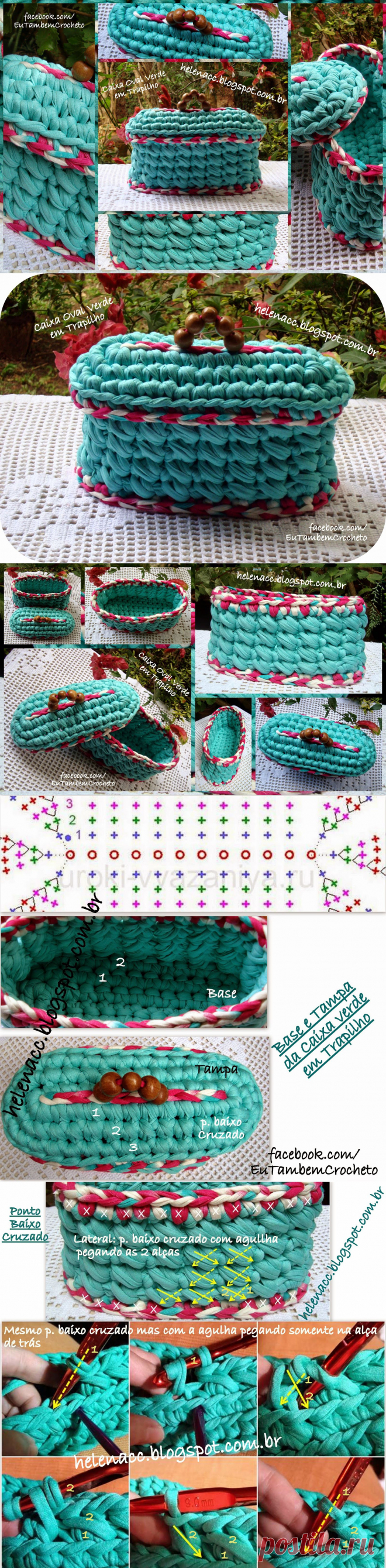 EU TAMBÉM CROCHETO...: Caixa Oval Verde com Tampa em Trapilho (P. baixo cruzado)