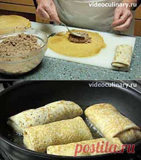 Блинчики с мясом - Видеокулинария.рф - видео-рецепты Бабушки Эммы