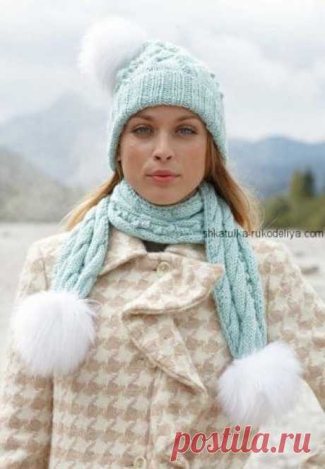 Шапка с помпоном спицами. Зимний комплект шапка и шарф узором коса | Шкатулка рукоделия