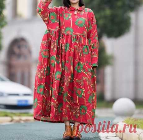 Red Loose Fitting Long Dress, Winter Dress for Women, Women maternity Clothing, full-length Red dress Drop-shaped neckline in cheongsam Unique style Plus velvet inside Keep warm and not swollen Pockets on both sides 【Fabric】 Fabric; linen Lined with velvet 【Color】 red  【Size】 Shoulder width is not limited Shoulder + Sleeve 66cm / 26 Cuff around 31cm / 12 Bust 130cm / 51 Length 128cm / 50