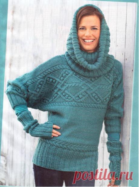 Пуловер спицами с объемным узором, шарф-хомут и митенки - Портал рукоделия и моды