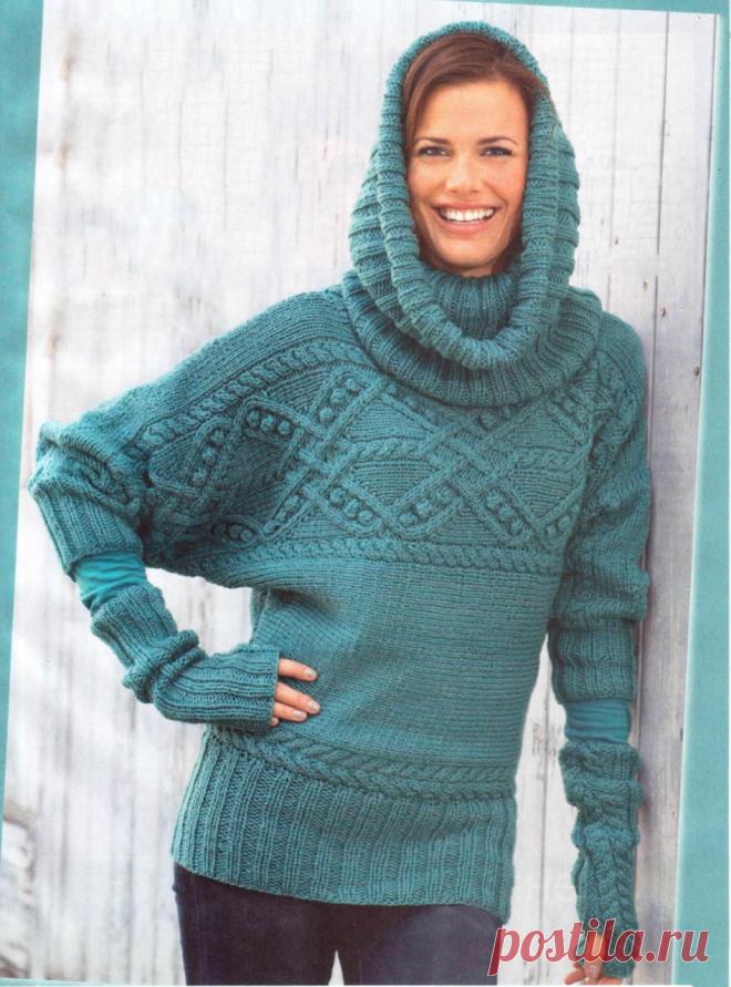 Пуловер спицами с объемным узором, шарф-хомут и митенки - Портал рукоделия и моды