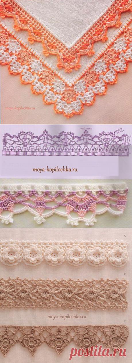 42 образца вязаного кружева для отделки края изделия со схемами.