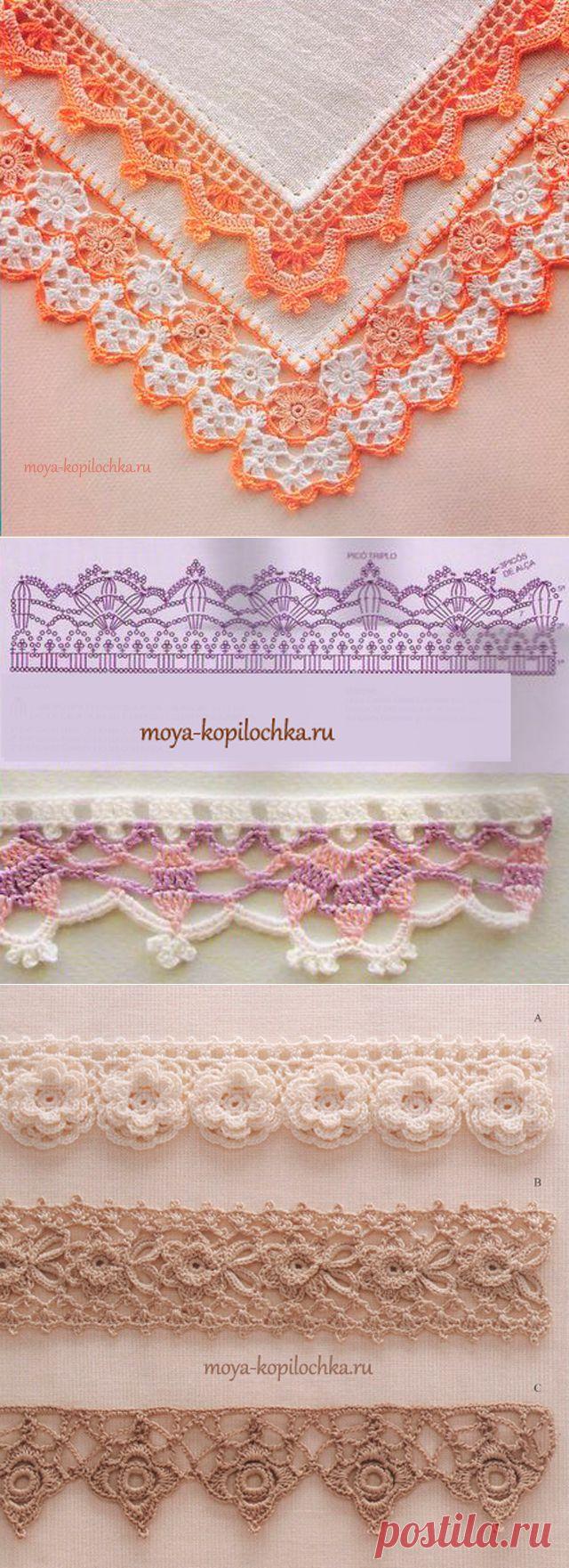 42 образца вязаного кружева для отделки края изделия со схемами.