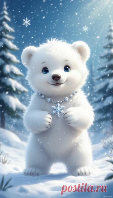 реалистичное изображение милого белого медвежонка, стоящего на задних лапах в снежном лесу, с мягко падающими вокруг него снежинками, заснеженными соснами на заднем плане и безмятежным голубым небом;у детеныша ярко-голубые глаза, черный нос и пушистая белая шерсть,с несколькими снежинками лежащими на его мехе и не...