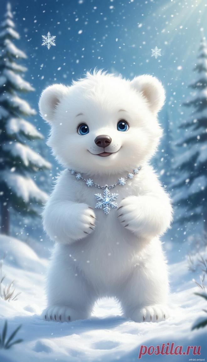 реалистичное изображение милого белого медвежонка, стоящего на задних лапах в снежном лесу, с мягко падающими вокруг него снежинками, заснеженными соснами на заднем плане и безмятежным голубым небом;у детеныша ярко-голубые глаза, черный нос и пушистая белая шерсть,с несколькими снежинками лежащими на его мехе и не...