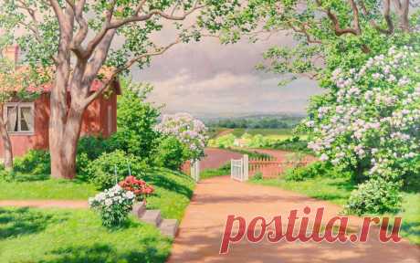 Картина, пейзаж, лето, домик, окно, дача, сад, дорожка, забор, калитка, деревья, кусты, цветы, обои, фото, картинки