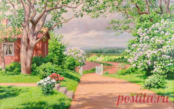 Картина, пейзаж, лето, домик, окно, дача, сад, дорожка, забор, калитка, деревья, кусты, цветы, обои, фото, картинки