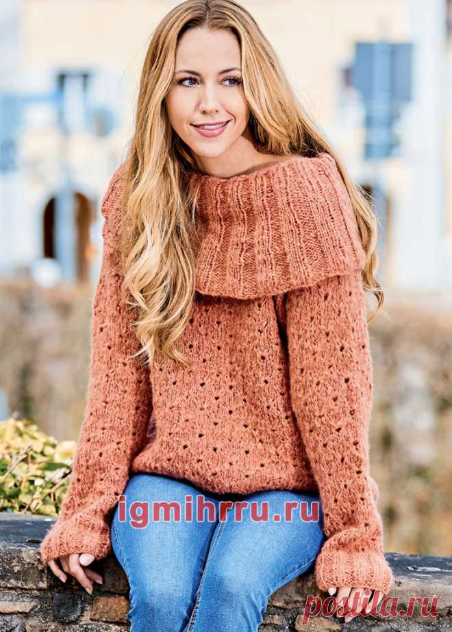 Пуловер с большим воротником в широкую резинку. Вязание спицами со схемами и описанием