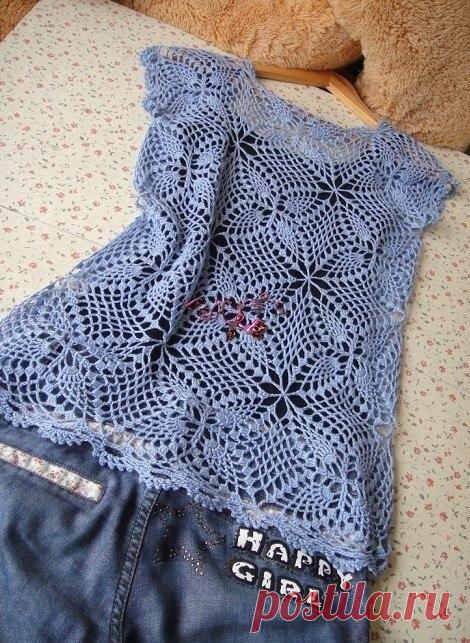 Нежная туника из ажурных мотивов, связанных крючком