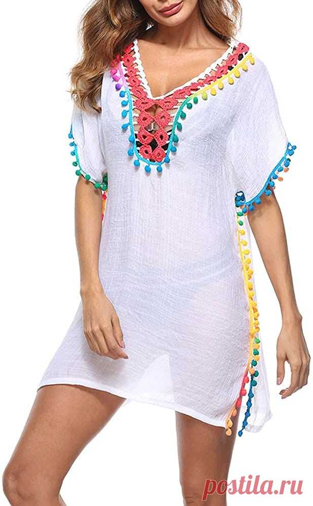 Пин содержит это изображение: Women's Beach Swimsuit Cover ups Cotton Pompom Tassel Crochet Trim Bikini Cover up Sun Protective Swimwear Dress