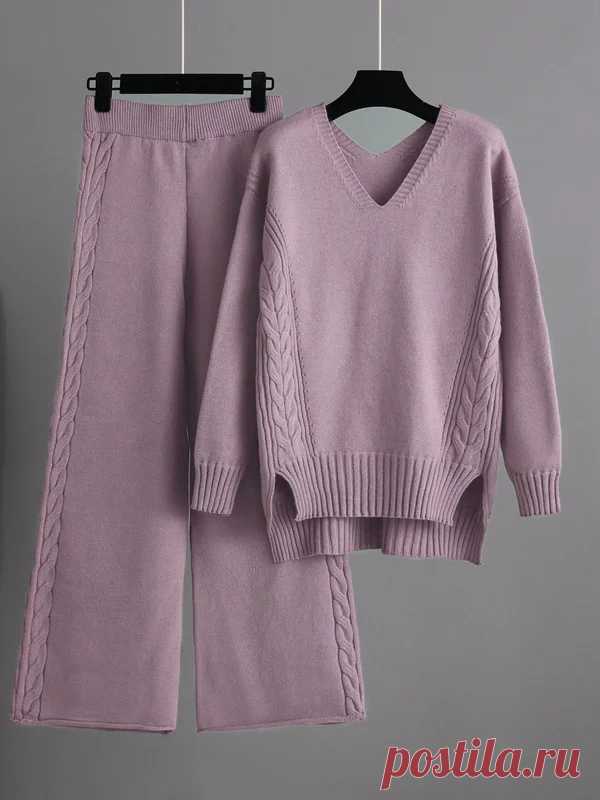 Urban Loose Solid Color V-Neck Sweater Tops & Wide Leg Pants Suits