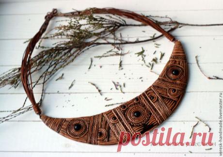 Купить Колье из полимерной глины Этно - коричневый, этно, этнический, лесной, плетение, филигрань