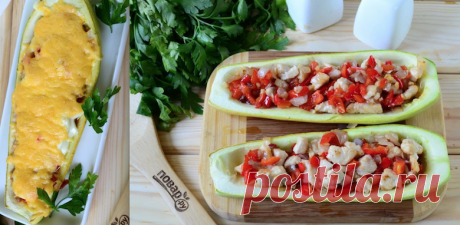Сытный ужин для любимых Мужчин: Кабачки, фаршированные куриной грудкой Мой сын съедает по 2 лодочки! :)