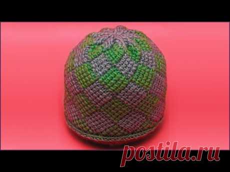Шапка узором энтерлак тунисским крючком. Crochet hat. Enterlak. Tunisian crochet.