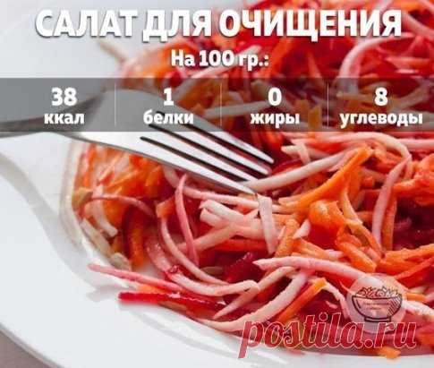 для очищения организма
 Ингредиенты:
 1 средняя свекла
1 морковь
1 яблоко
100 гр капусты
 Приготовление:
 Берете 1 среднюю свеклу, 1 морковь, 1 яблоко, 100 гр капусты, режете все тонкой соломкой перемешиваете и заправляете соком половины лимона.Ешьте такой салат 3 раза в день 2 дня подряд и Вы очистите кишечник и организм от всего лишнего и похудеете до 2,5 кг за 2 дня.
 Приятного аппетита!