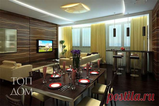 Интерьер открытой гостиной в коричнево-ванильных тонах