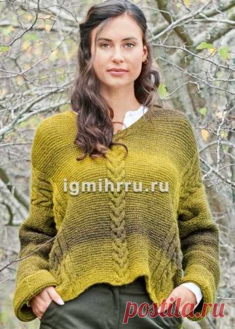Пуловер с центральной и диагональными «косами». Вязание спицами