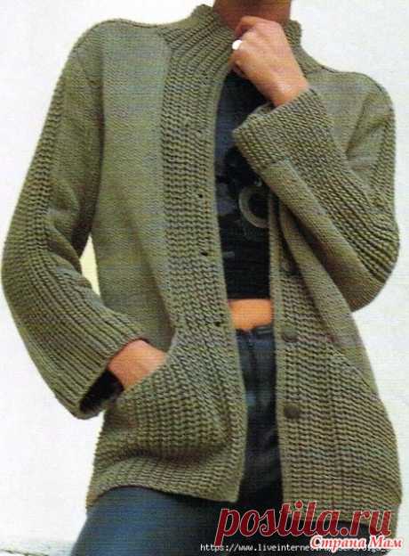 Жакет с рукавами погон и карманами кенгуру. Спицы.