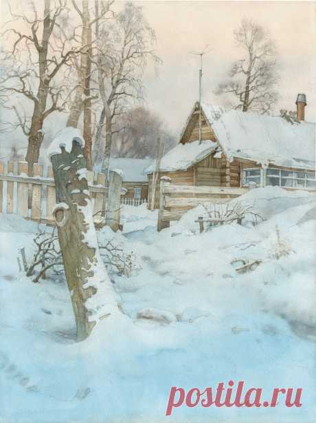 Художник Олег Померанцев (1949-2012).
"Зима. Деревня Селище", 2005 г.