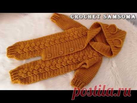 (1702) كروشيه سالوبيت بيبي بغرزة الضفيرة - الجزء الاول كروشيه غرزة الضفيرة / Crochet Baby Overalls - YouTube