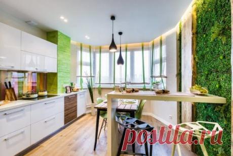 Дизайн кухни в типовой панельке: мох, камень и амбарные доски | Краше Всех