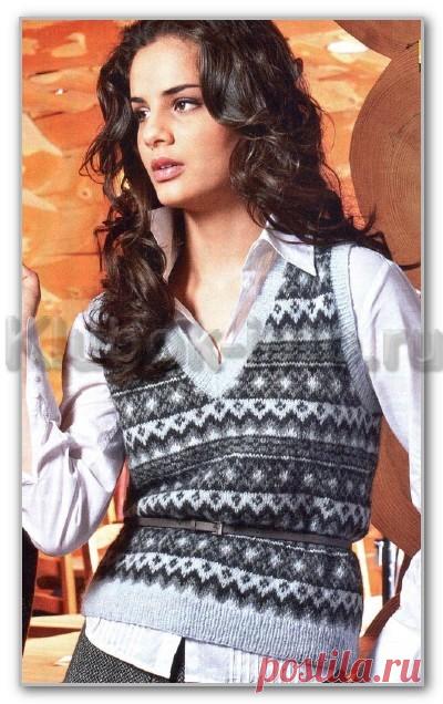 Вязание спицами. Описание женской модели со схемой и выкройкой. Безрукавка с норвежскими жаккардовыми узорами. Размер: XS, S, М, L, XL