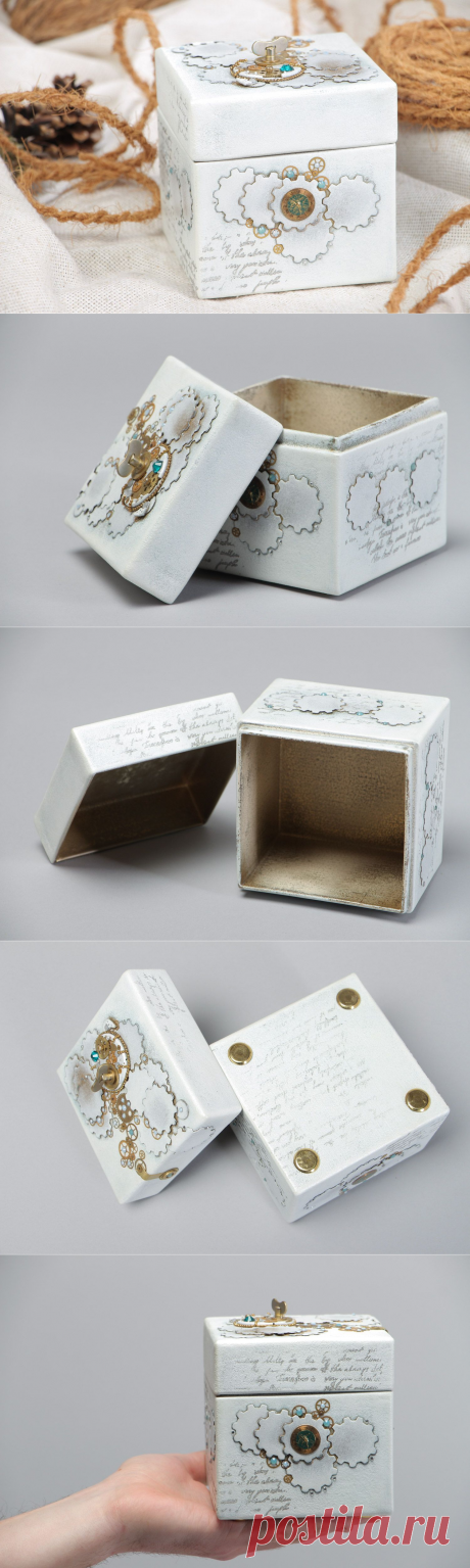 MADEHEART > Деревянная шкатулка в технике стимпанк с часовыми деталями квадратная хэнд мэйд