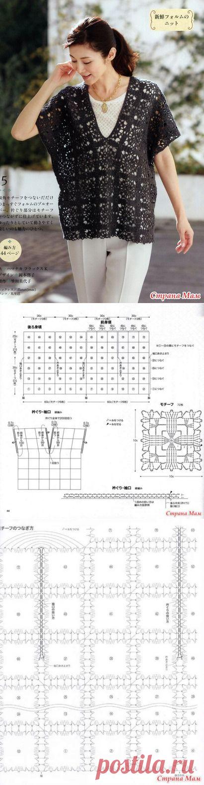 Свободная блуза с треугольным вырезом связанная квадратными мотивами. Крючок. - ВЯЗАНАЯ МОДА+ ДЛЯ НЕМОДЕЛЬНЫХ ДАМ - Страна Мам
